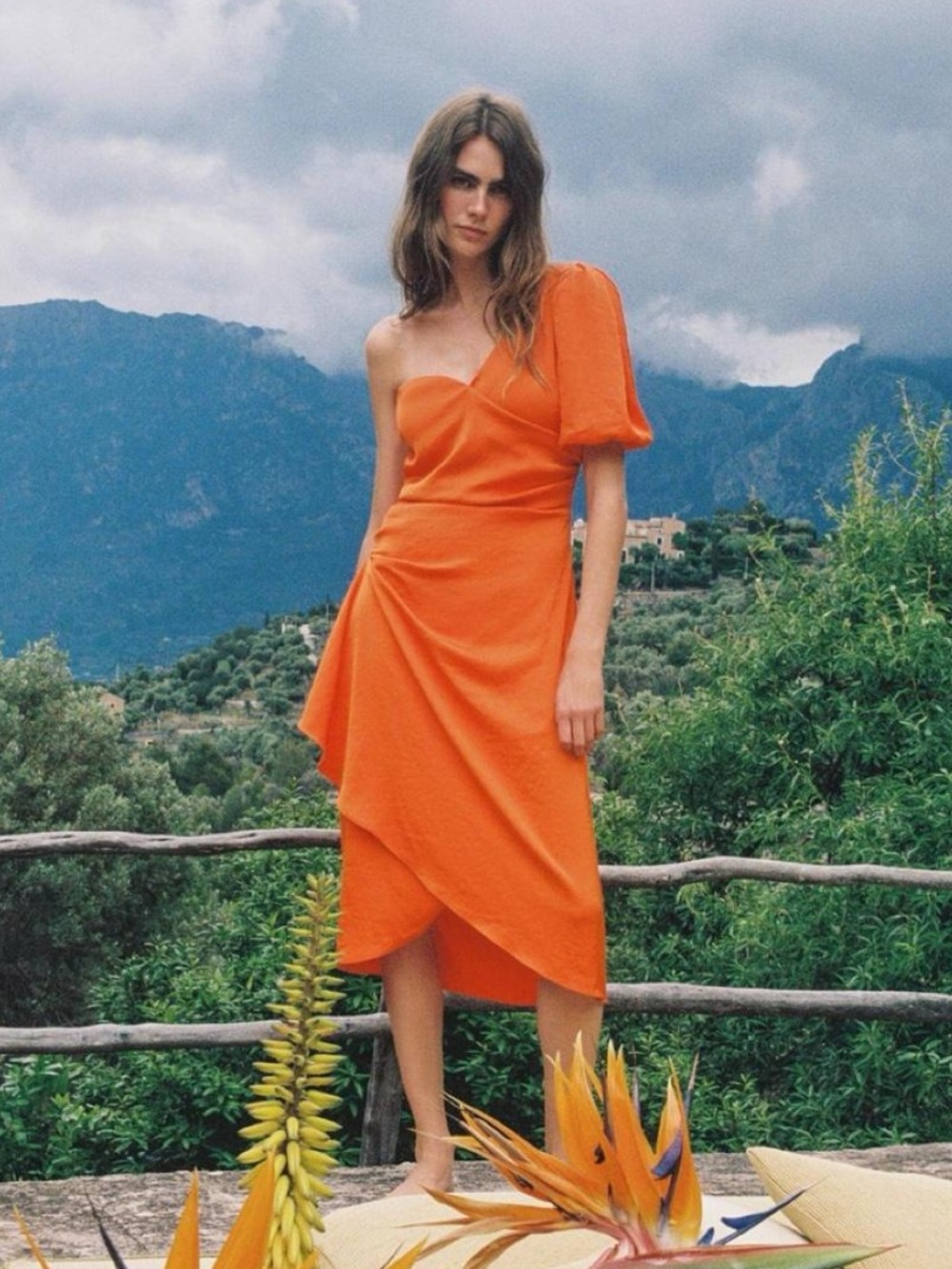 Zara One-Shoulder Orange Asymmetric Midi Dress
